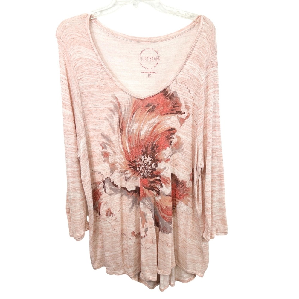 Lucky Brand Plus Size 1X Top Pink Heather Floral Boho Long Sleeve Soft Girl 556